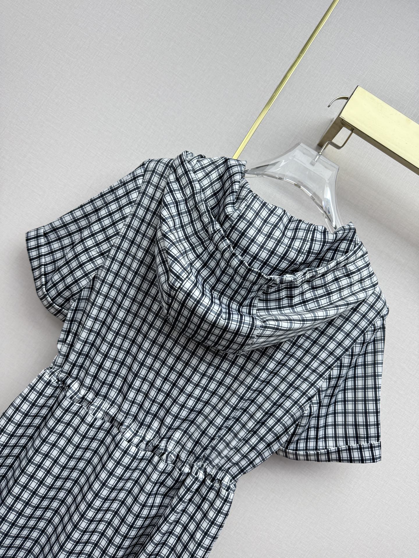 Prada 2026 Hooded Plaid Dress Black White Cotton 396904