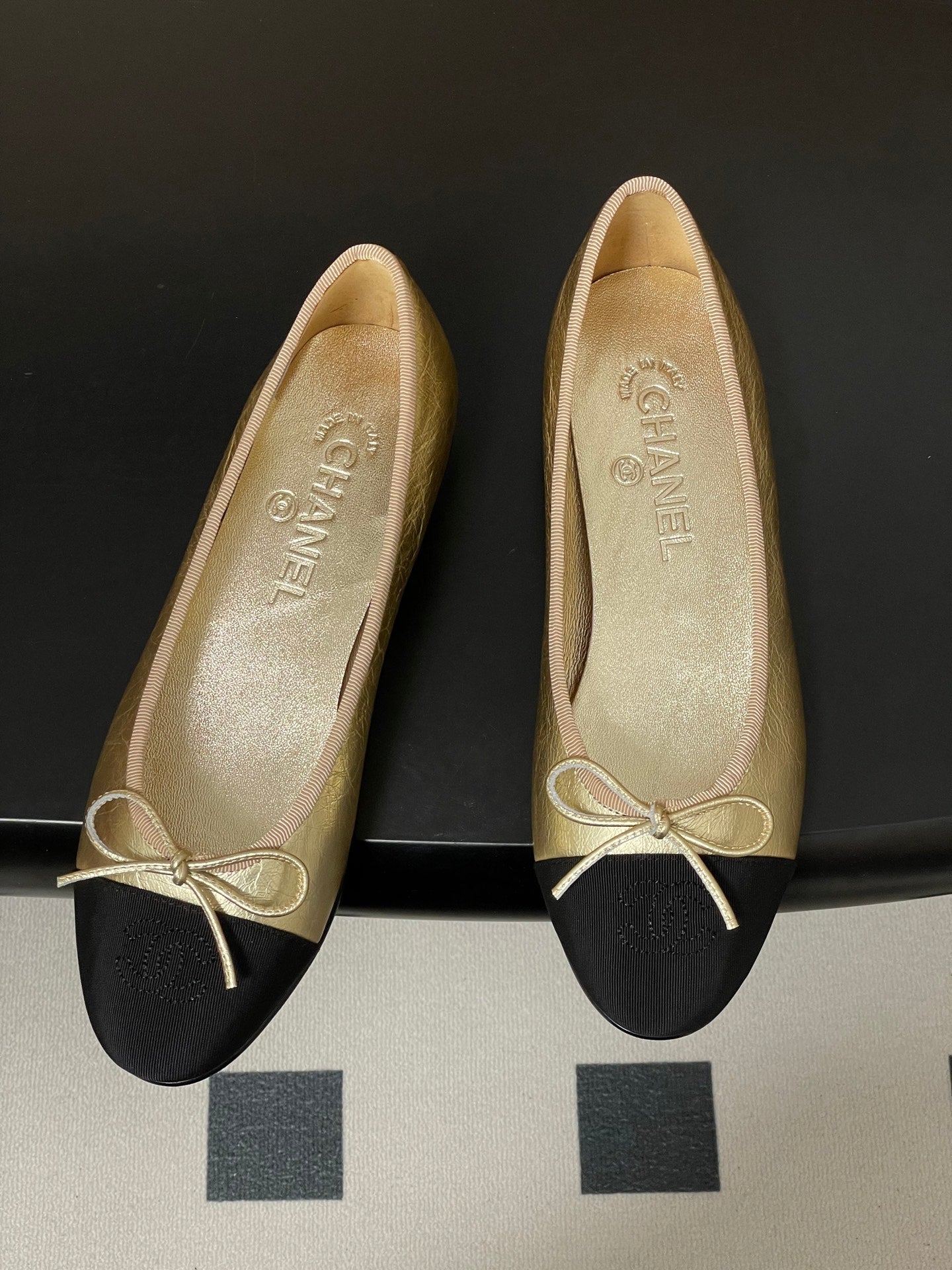 Chanel 2026 Ballet Flat Black Grosgrain Gold Metalic Lambskin