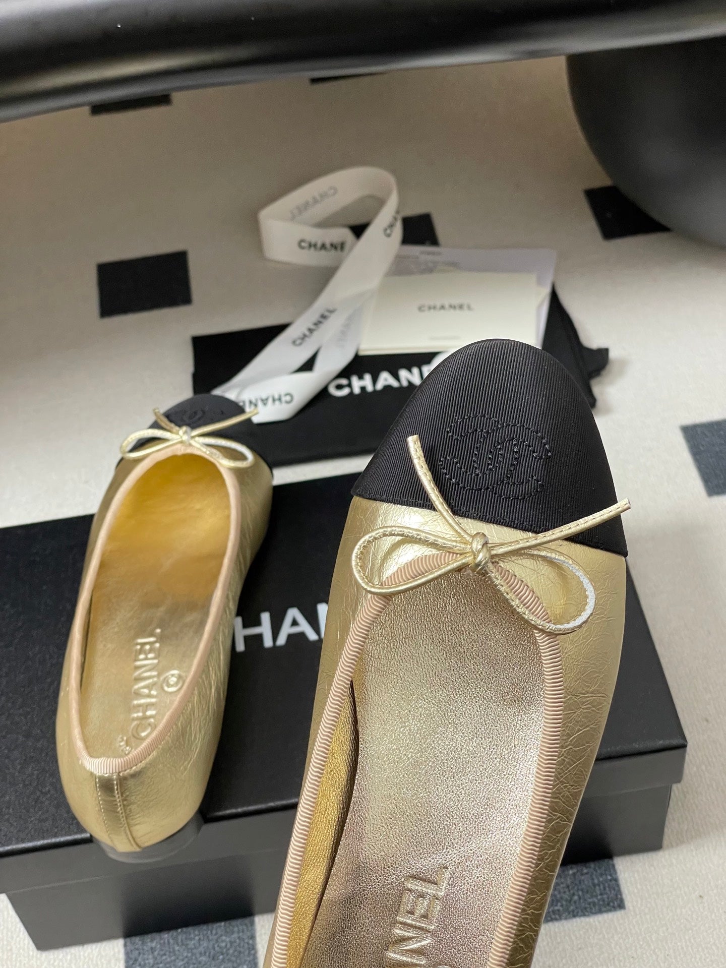 Chanel 2026 Ballet Flat Black Grosgrain Gold Metalic Lambskin