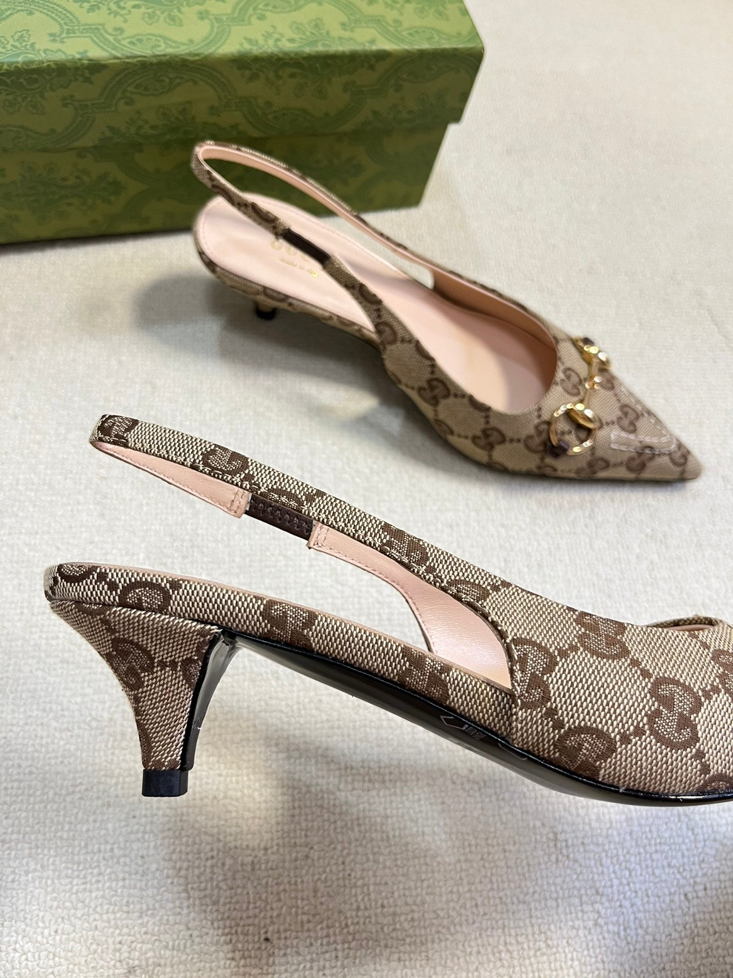 GC Horsebit Slingback Pump 50mm Beige mix Brown Canvas Sheepskin 294560
