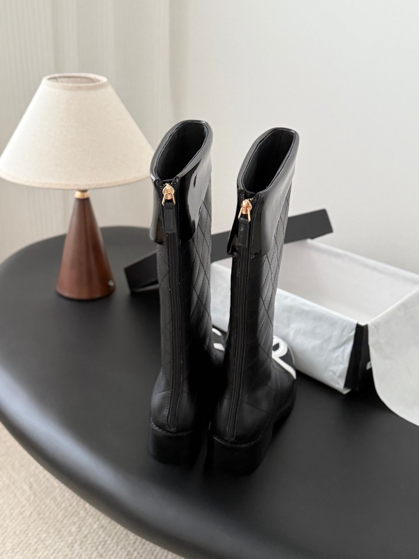 CC 2025 Vintage Cambon Mid-Calf Boots Black White Cowhide 550637