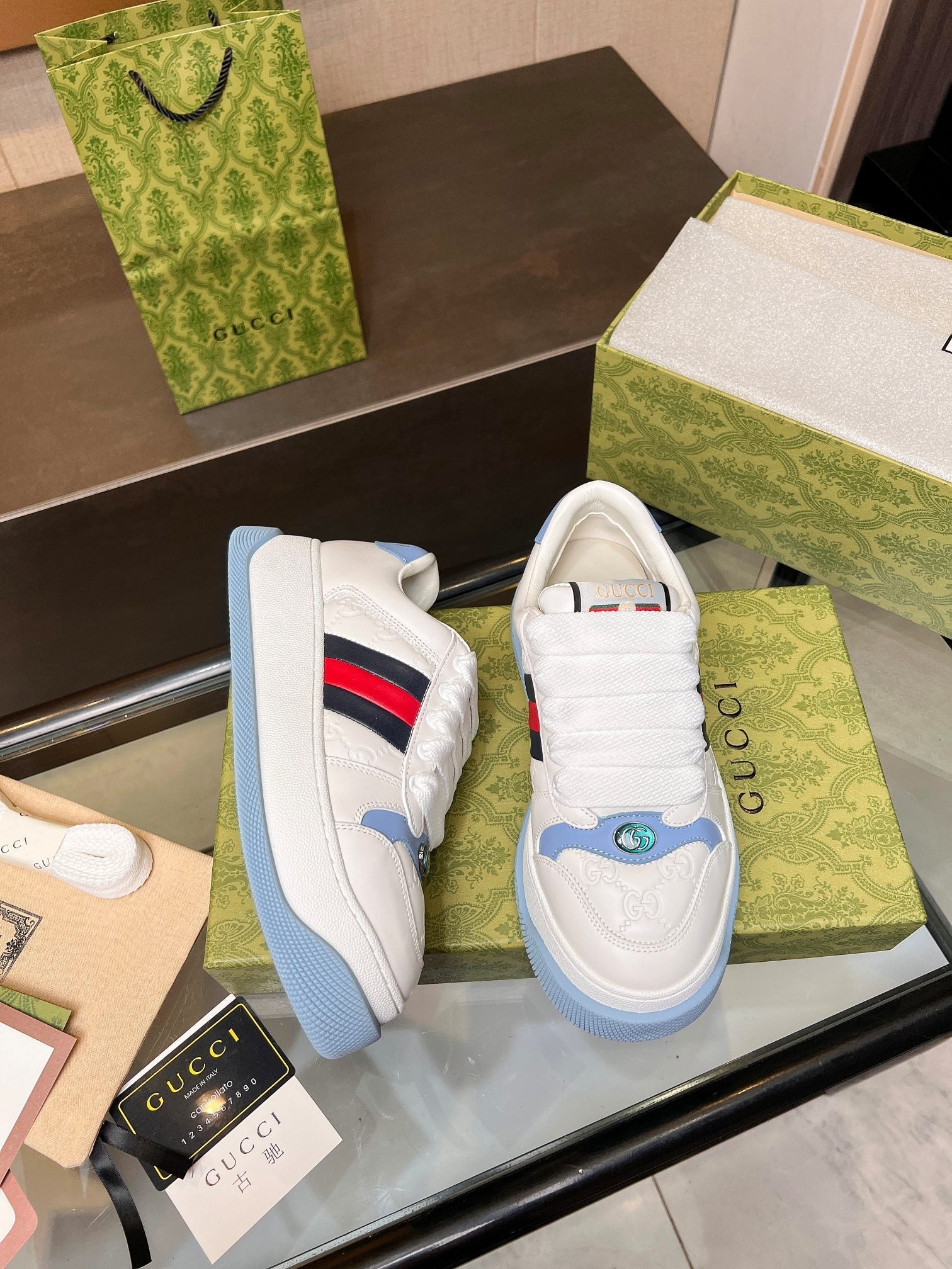 GG Men's Screener Sneaker White Blue Canvas Sheepskin 523602