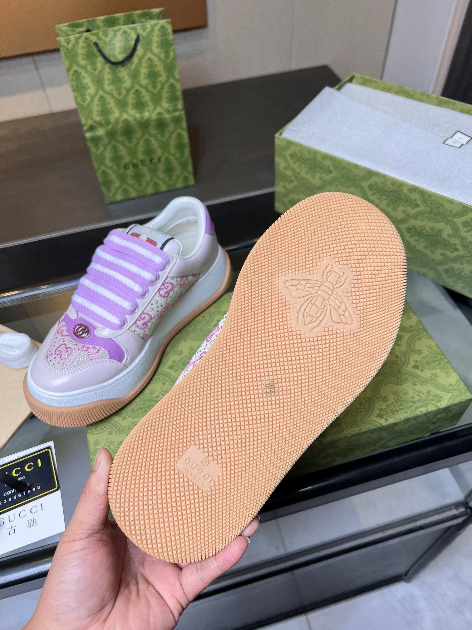 GG Men's Screener Sneaker Purple Canvas Sheepskin  523600
