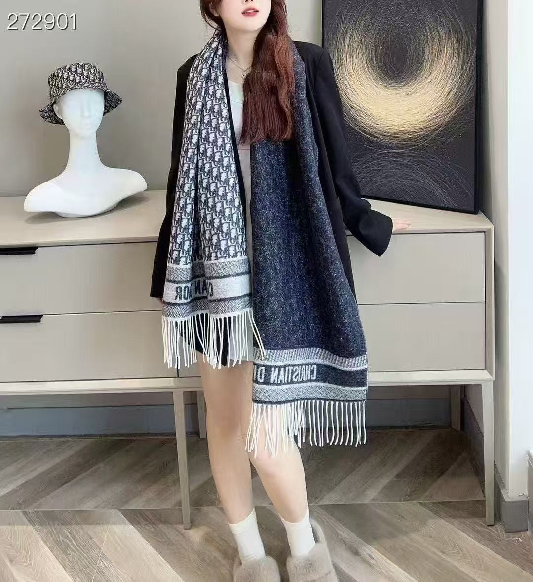 CD Oblique Print Scarf 200CM Dark Blue White Wool 292980