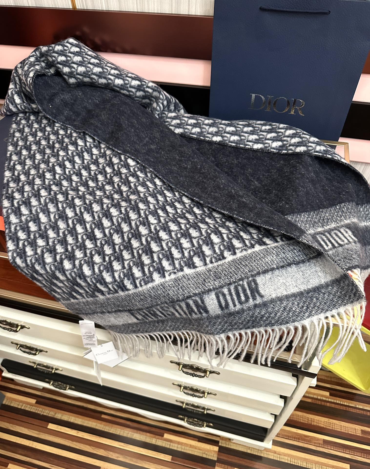 CD Oblique Print Scarf 200CM Dark Blue White Wool 292980