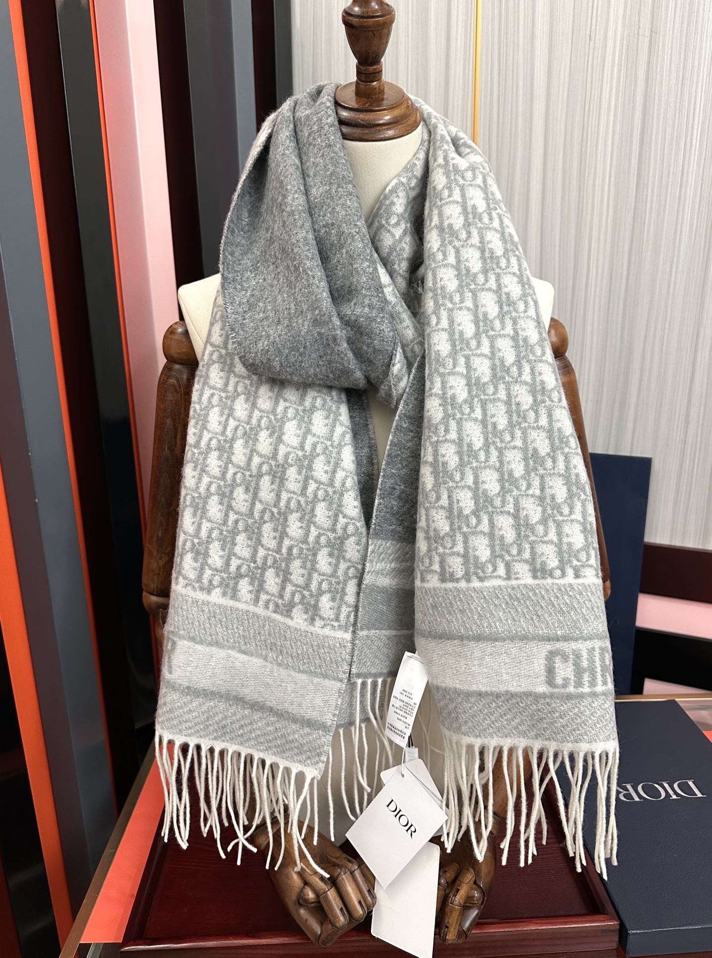 CD Oblique Print Scarf 200CM Gray White Wool 292981