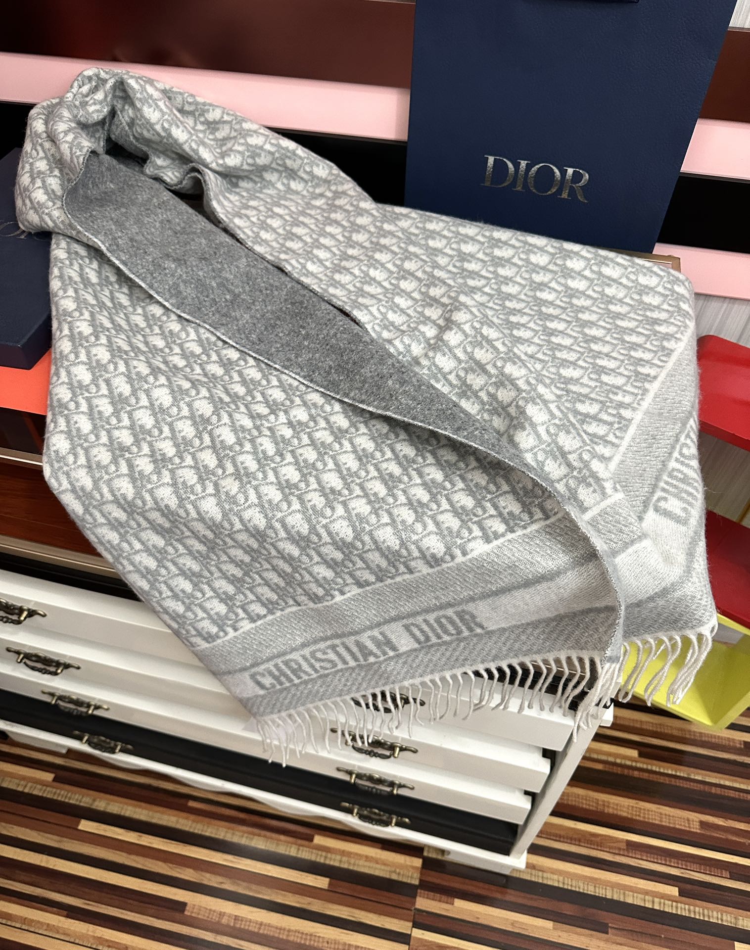 CD Oblique Print Scarf 200CM Gray White Wool 292981