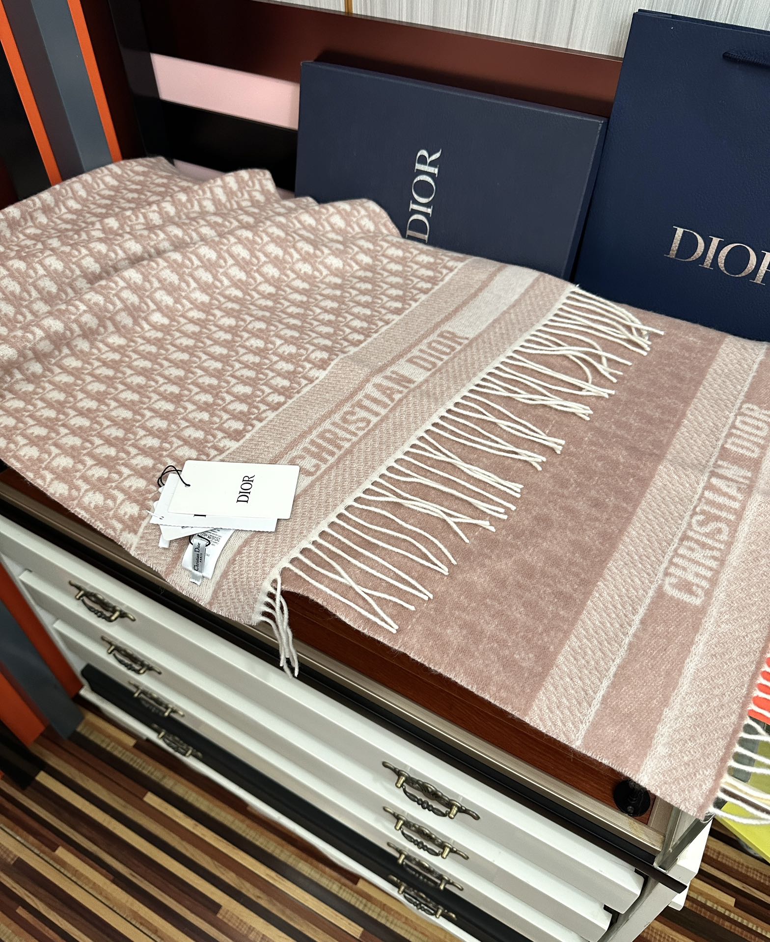 CD Oblique Print Scarf 200CM Light Pink Wool 292982