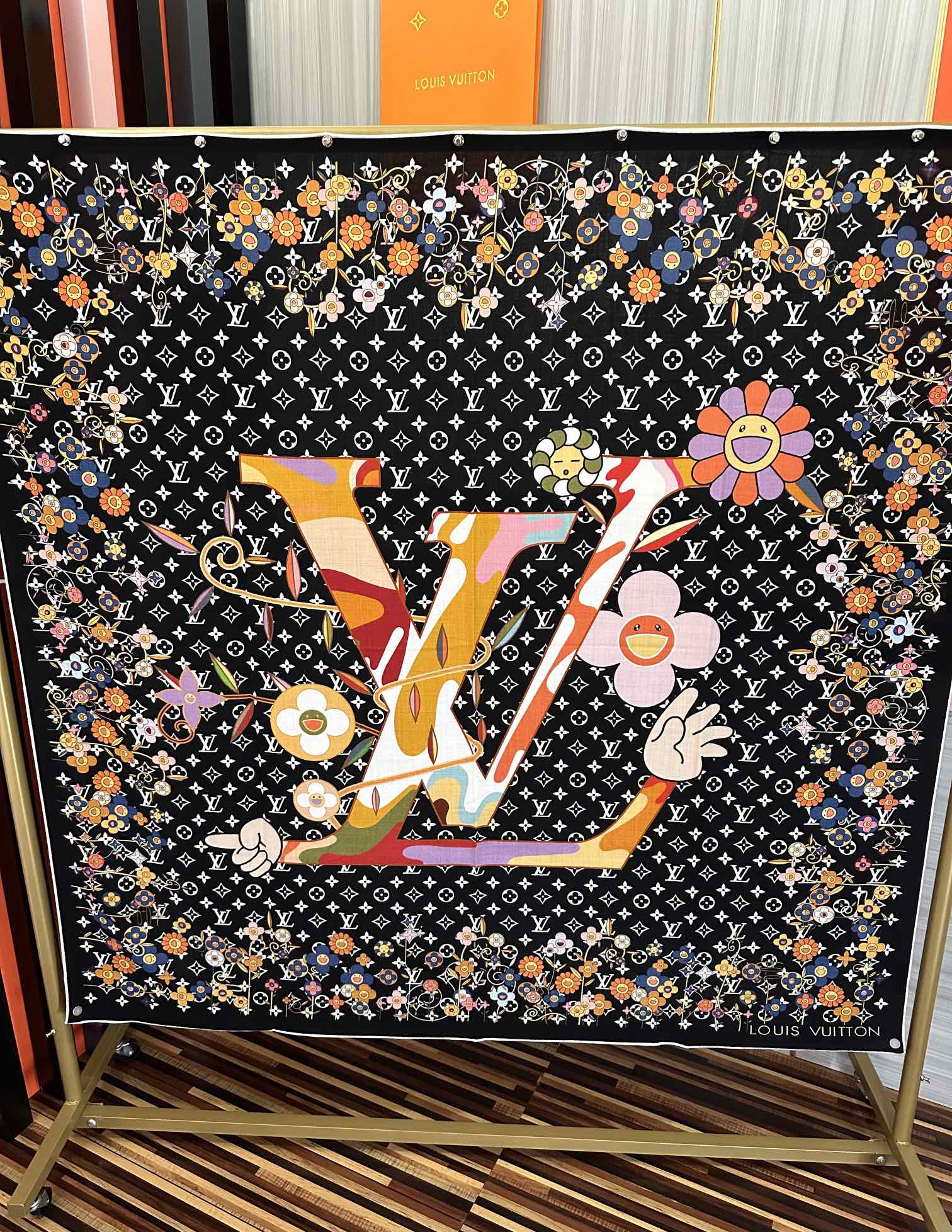 LV Double-Sided 140cm Black Colorful Silk Cashmere 967343