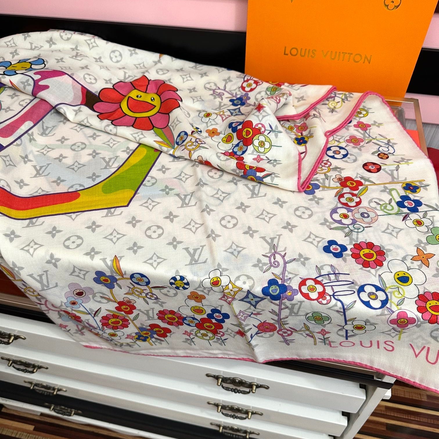 LV Double-Sided 140cm White Colorful Silk Cashmere 967344