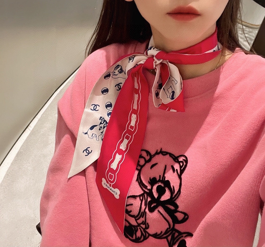 CC  Twilly Mini Scarf 120cm Red White Mulberry Silk 798813