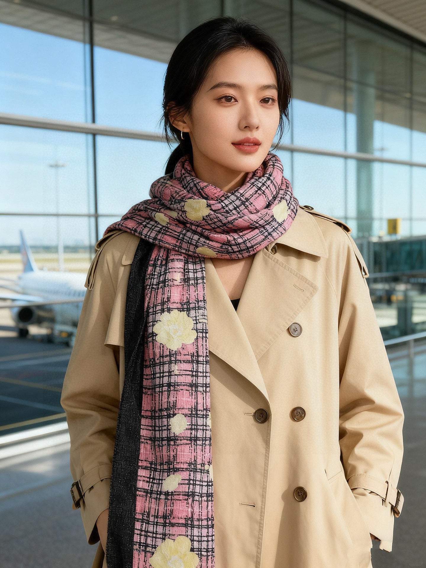 CC 25 Camellia Scarf 110cm Black Pink Cashmere 293163