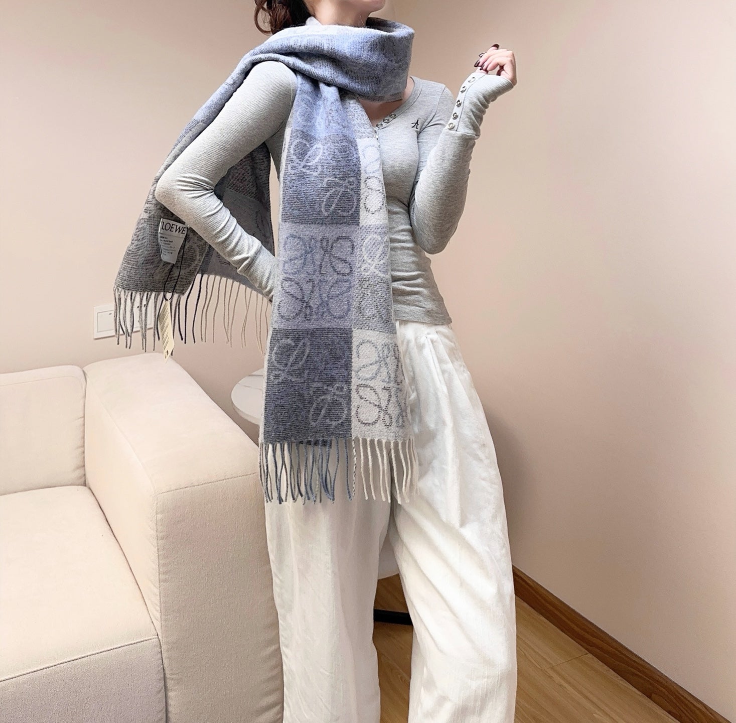 Loewe Scarf 180CM  Light Blue Gray Wool Cashmere 968613