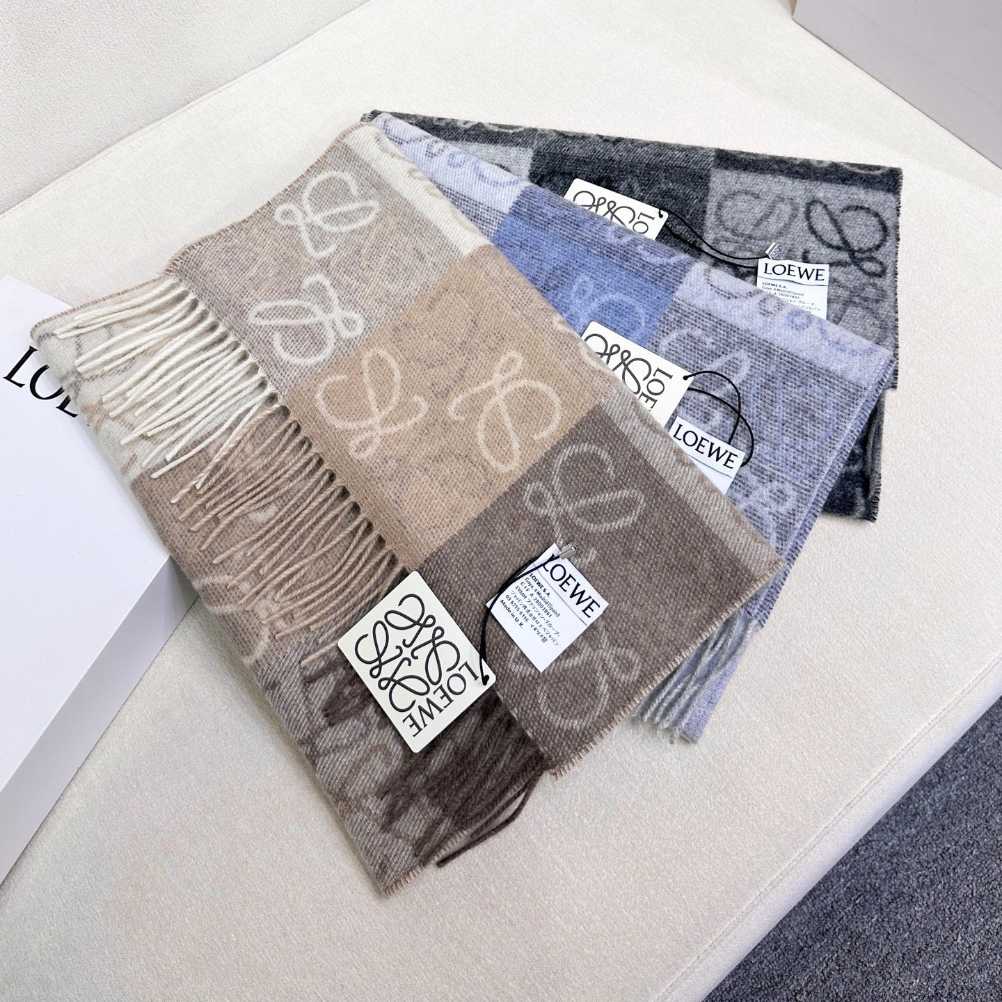 Loewe Scarf 180CM  Light Brown Gray Wool Cashmere 968611