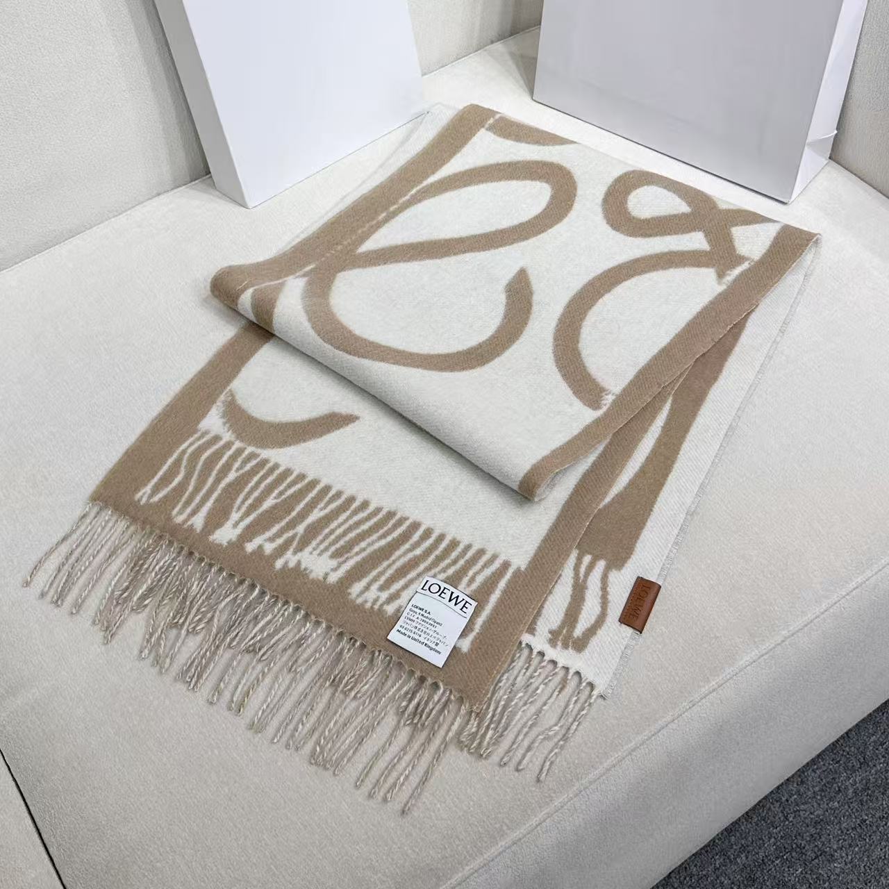 Loewe Scarf 180CM Beige White Cashmere 962789