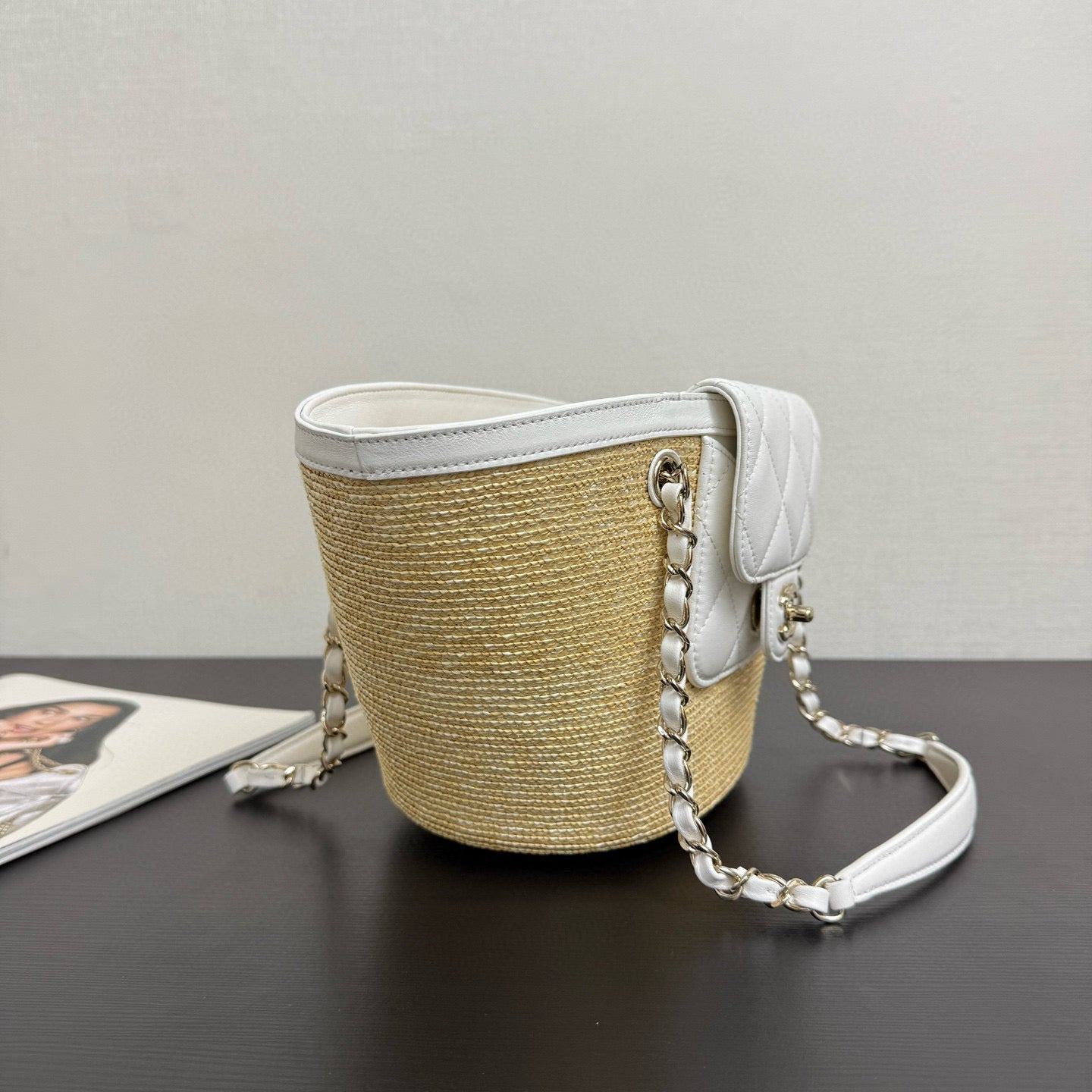 Chanel 2026 Shopping Bag 34cm Beige White Straw Lambskin
