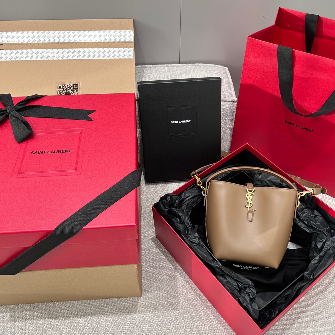 YSL Bucket Bag 17 Taupe Calfskin Leather