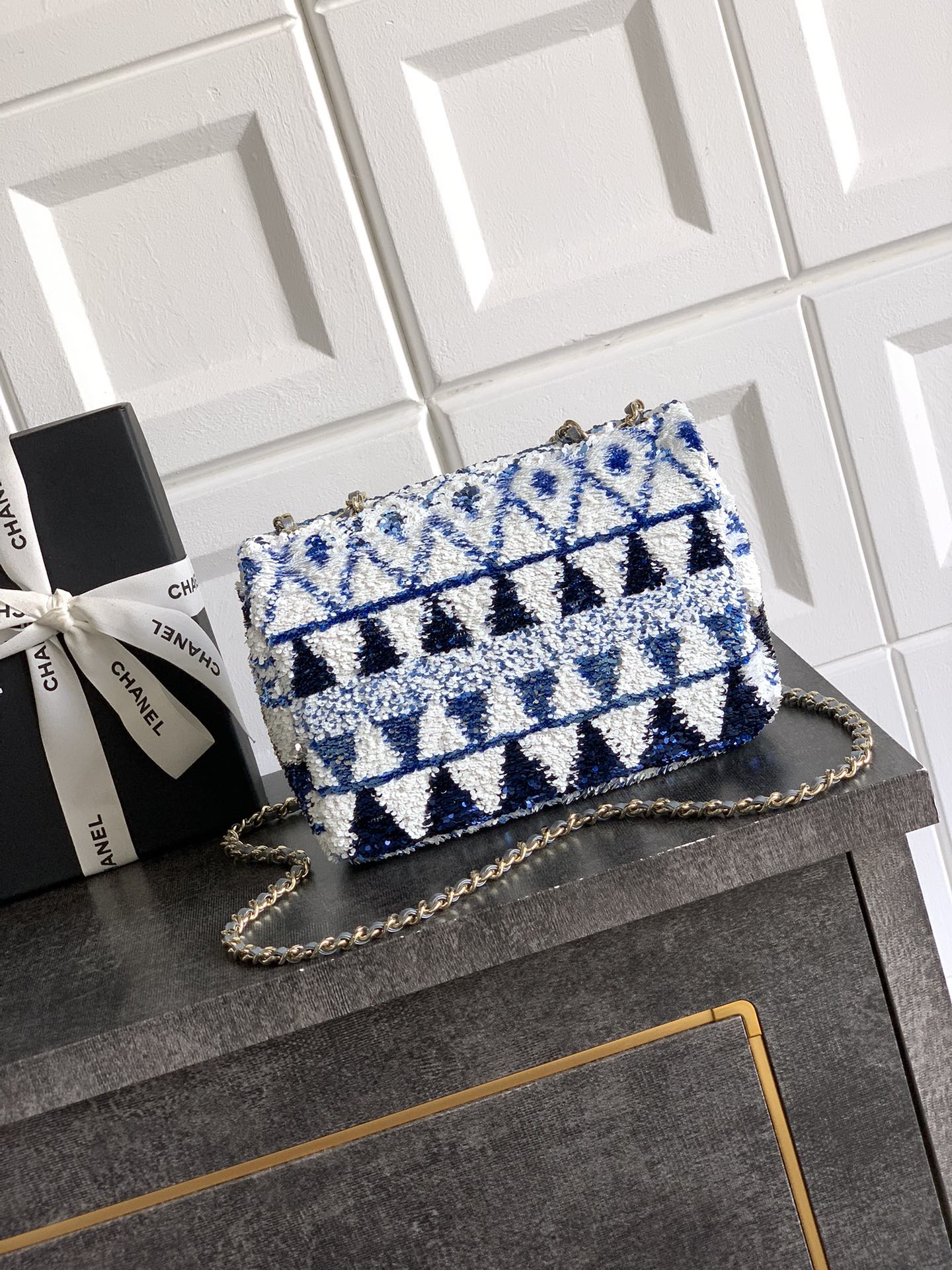 Chanel 2026 Flap Bag 20cm Blue mix Colors Sequin Leather