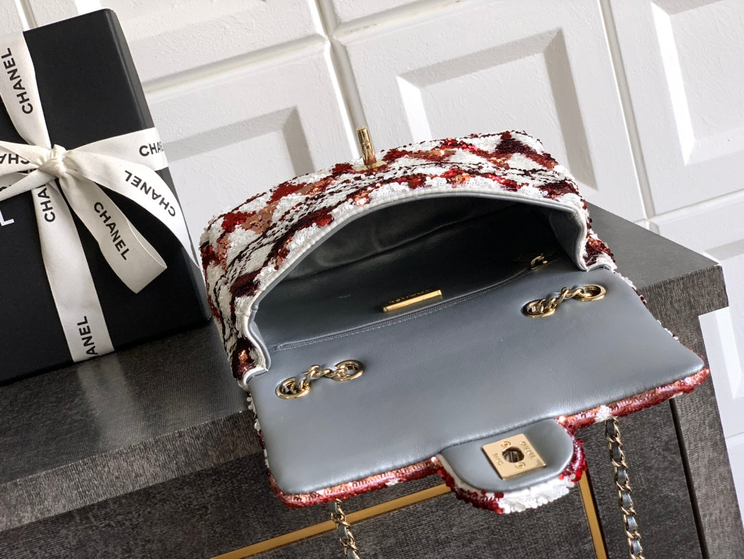 Chanel 2026 Flap Bag 20cm Red mix White Sequin Leather