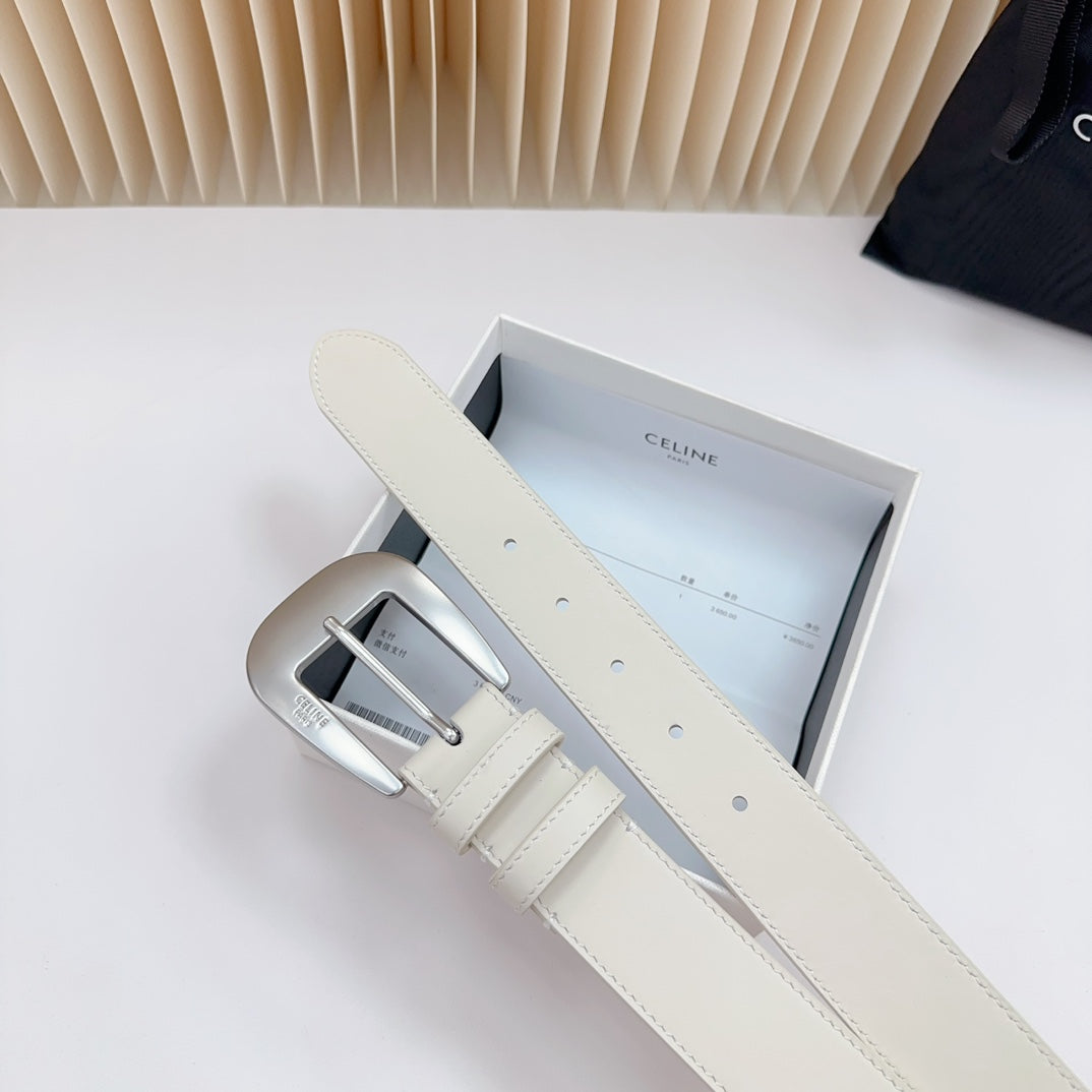 LARGE WESTERN 35 MM BELT WHITE CALFSKIN SILVER HARDWARE