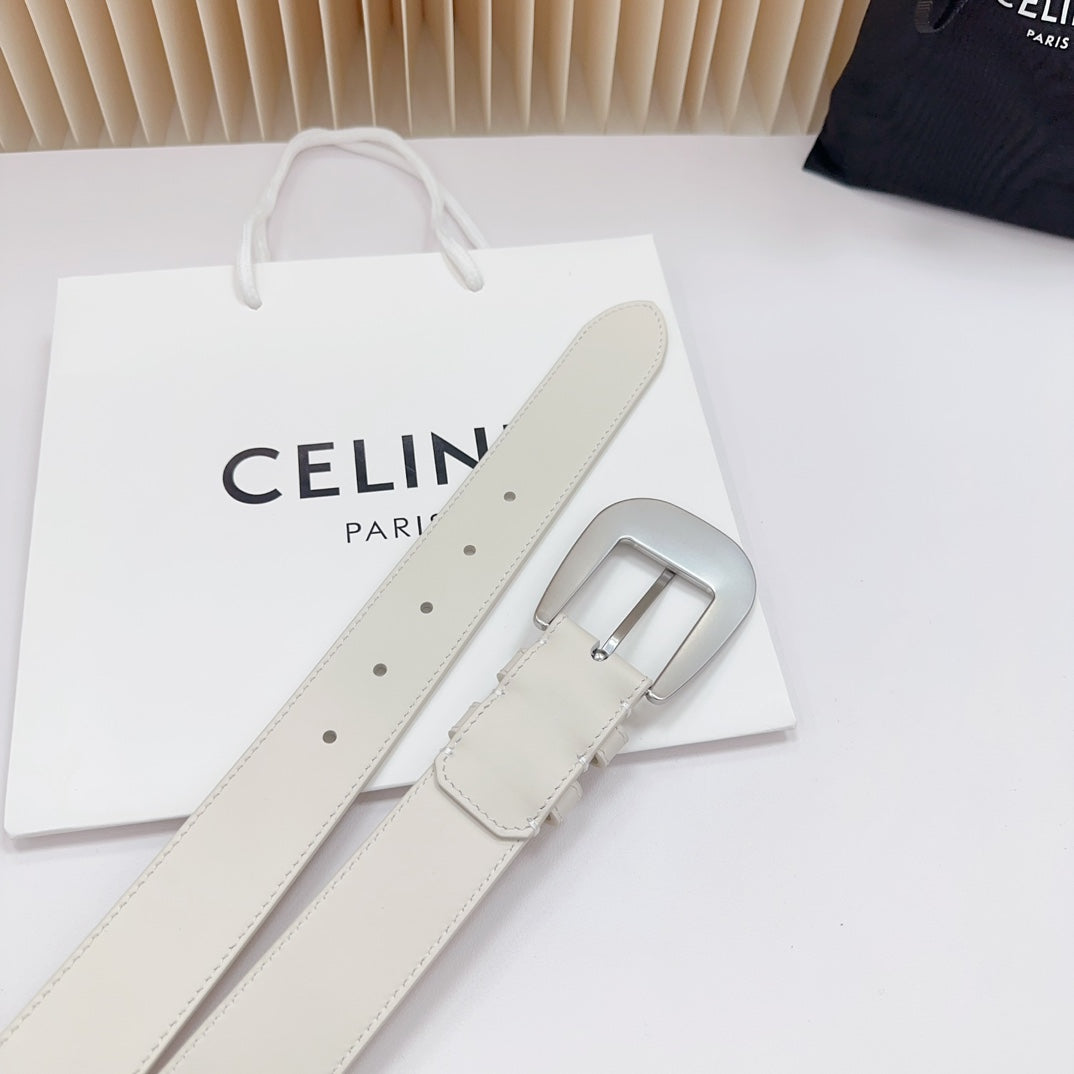 LARGE WESTERN 35 MM BELT WHITE CALFSKIN SILVER HARDWARE