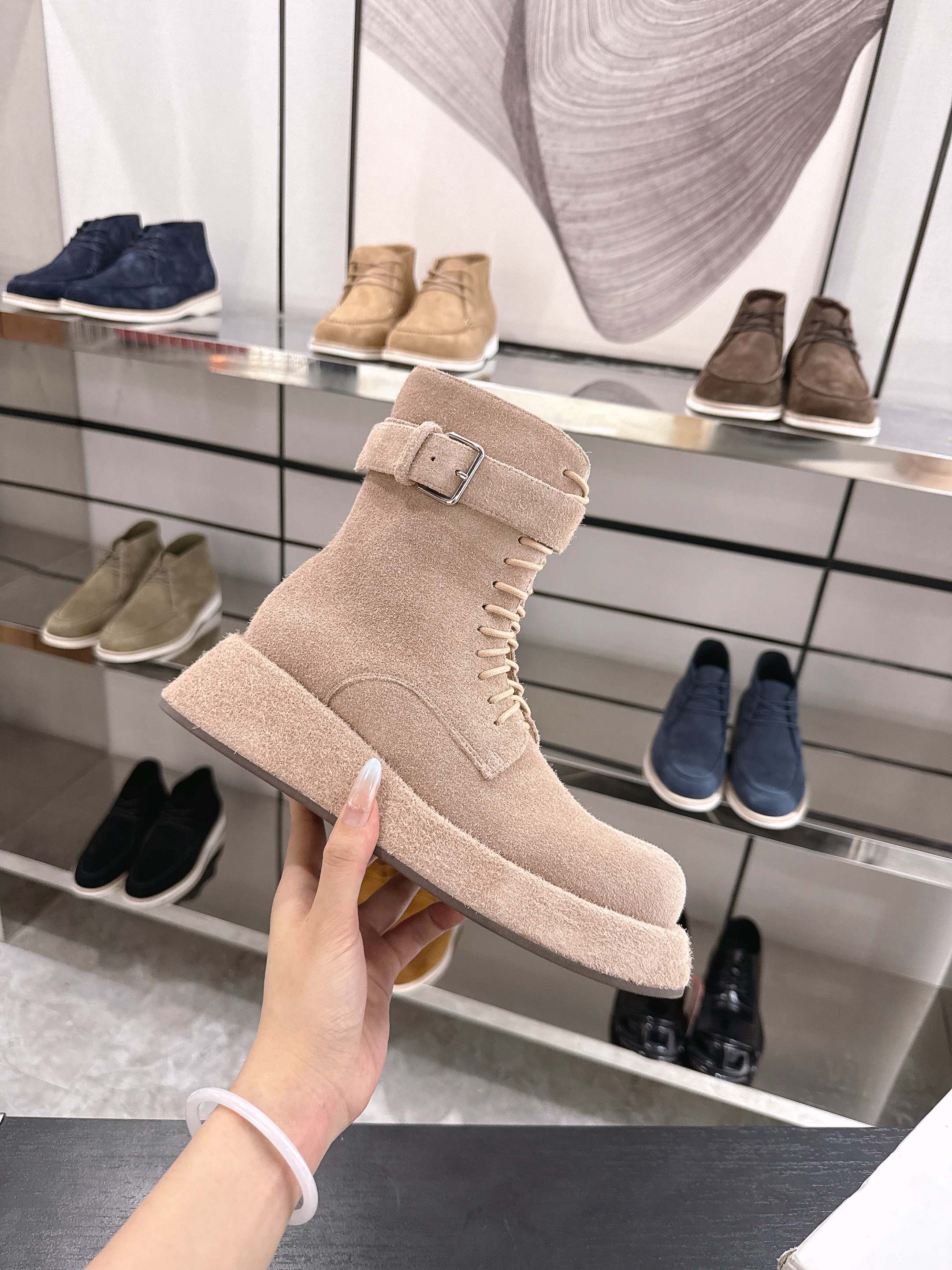 The Row 2025 Lace-up Boot Apricot Suede 543369