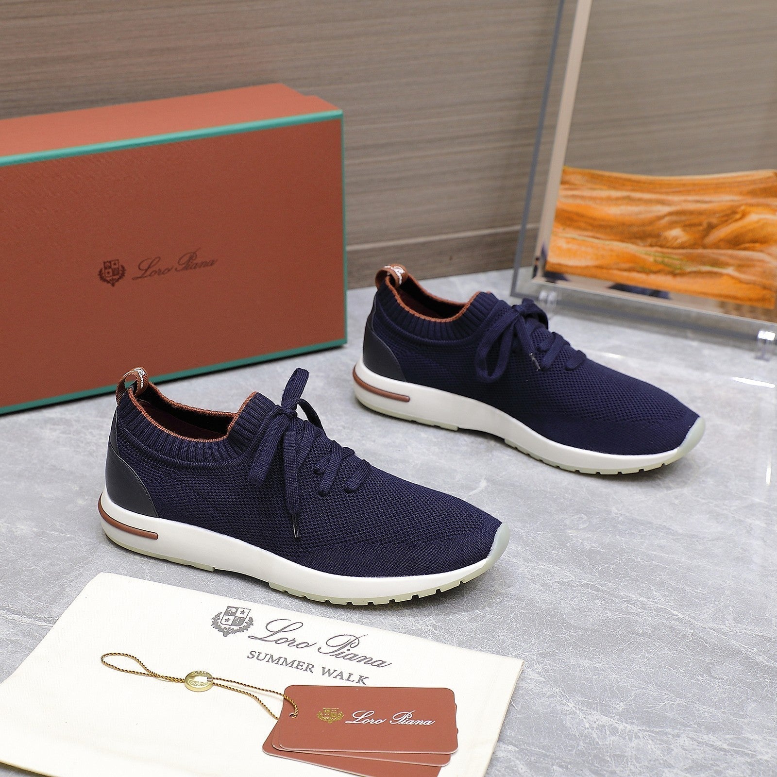 LP lady Flexy Walk Sneaker Navy Blue mix Orange Wool and  Calfskin 310450