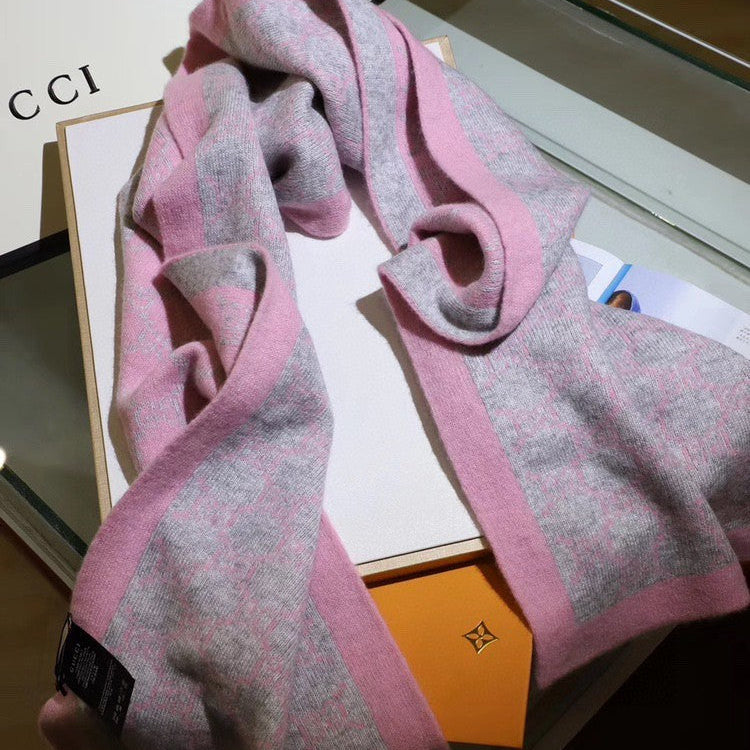 GG Double G Jacquard Scarf 180CM  Pink Gray Wool 282698