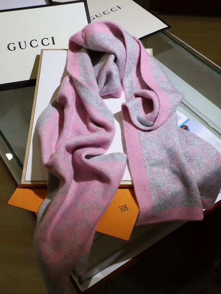 GG Double G Jacquard Scarf 180CM  Pink Gray Wool 282698