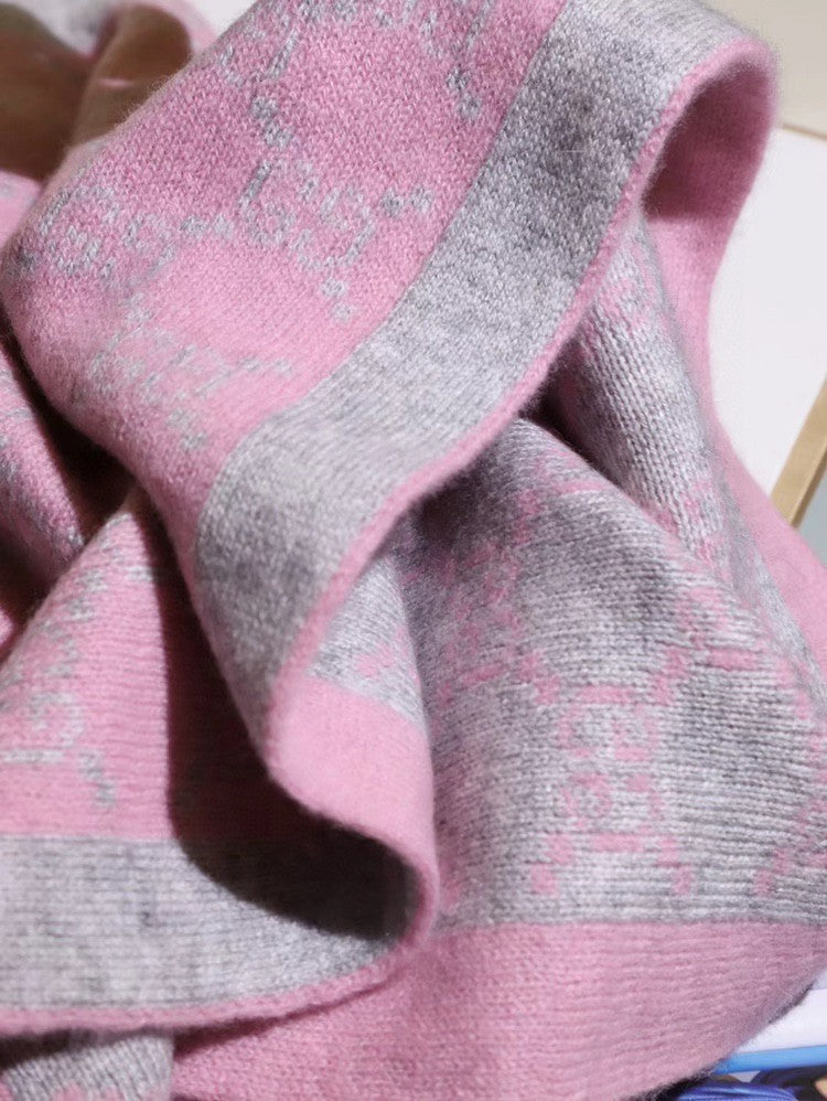 GG Double G Jacquard Scarf 180CM  Pink Gray Wool 282698