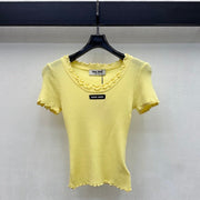 Miumiu 2026 Ruffled Short-Sleeve Knit Top Yellow Wool 447791