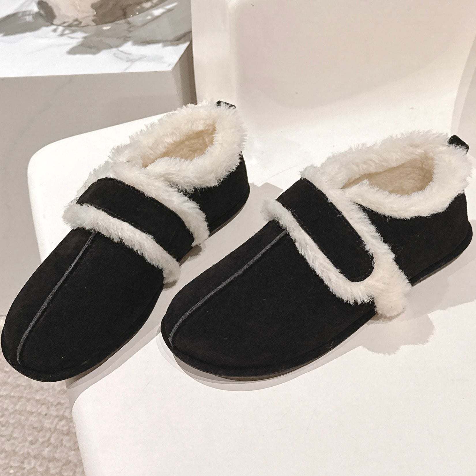 The Row 2025 Furry Shoe Black White Suede Wool 560592
