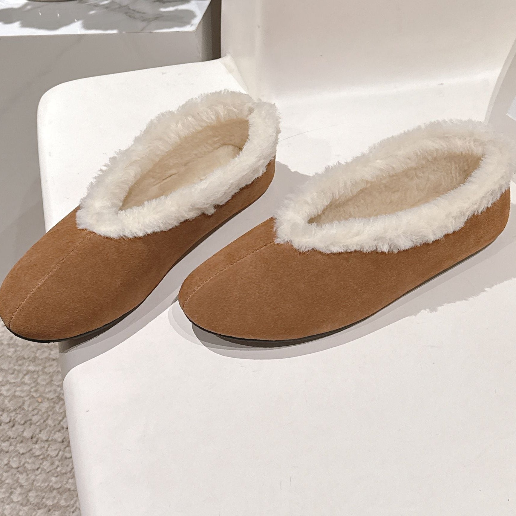 The Row 2025 Fur-lined Flat Shoe Light Brown mix White Suede Wool 560507