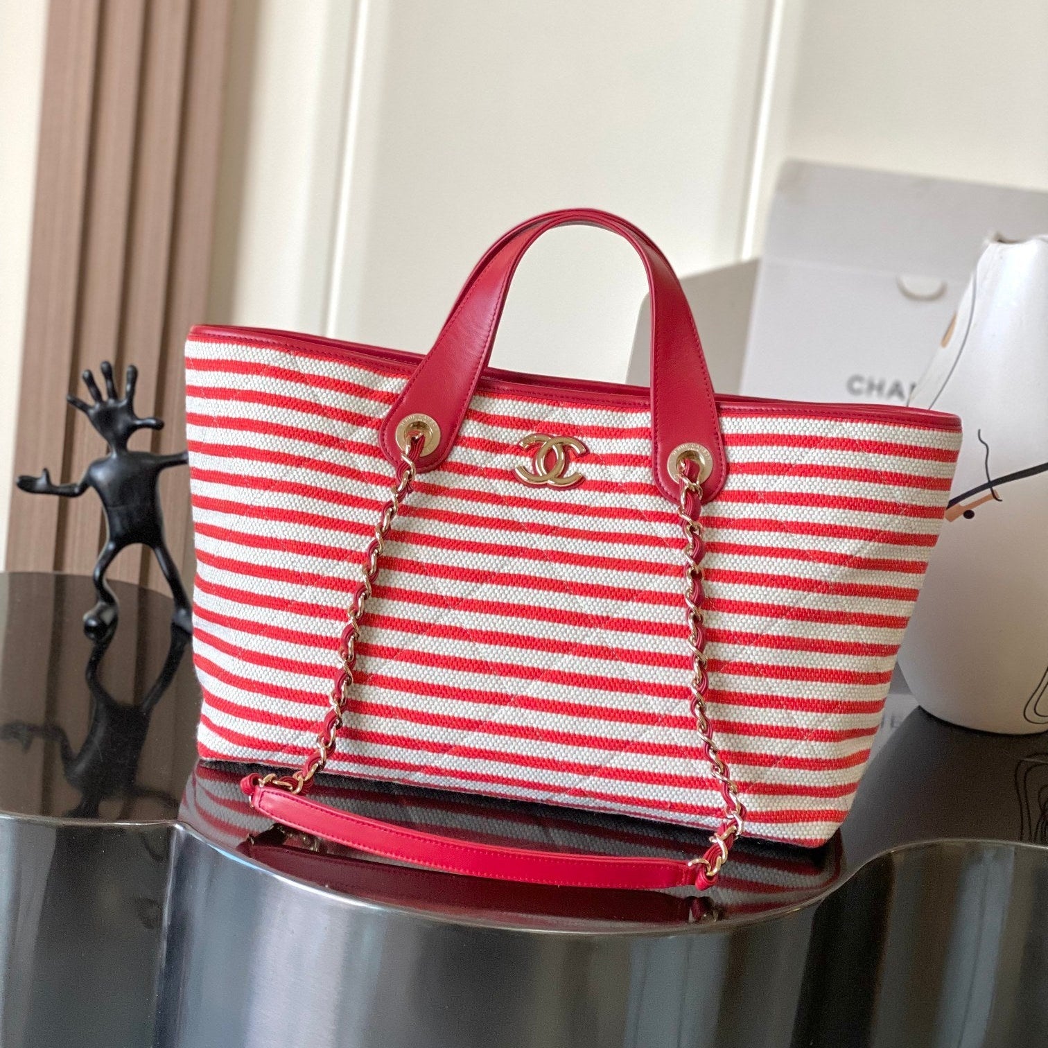 Chanel 2026 Deauville Tote Bag 46cm Red mix White Canvas Leather 331128