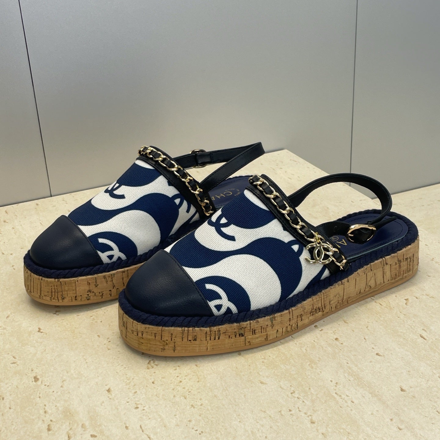 CC 26 Slingback Espadrilles Navy Blue Sheepskin Canvas 607463
