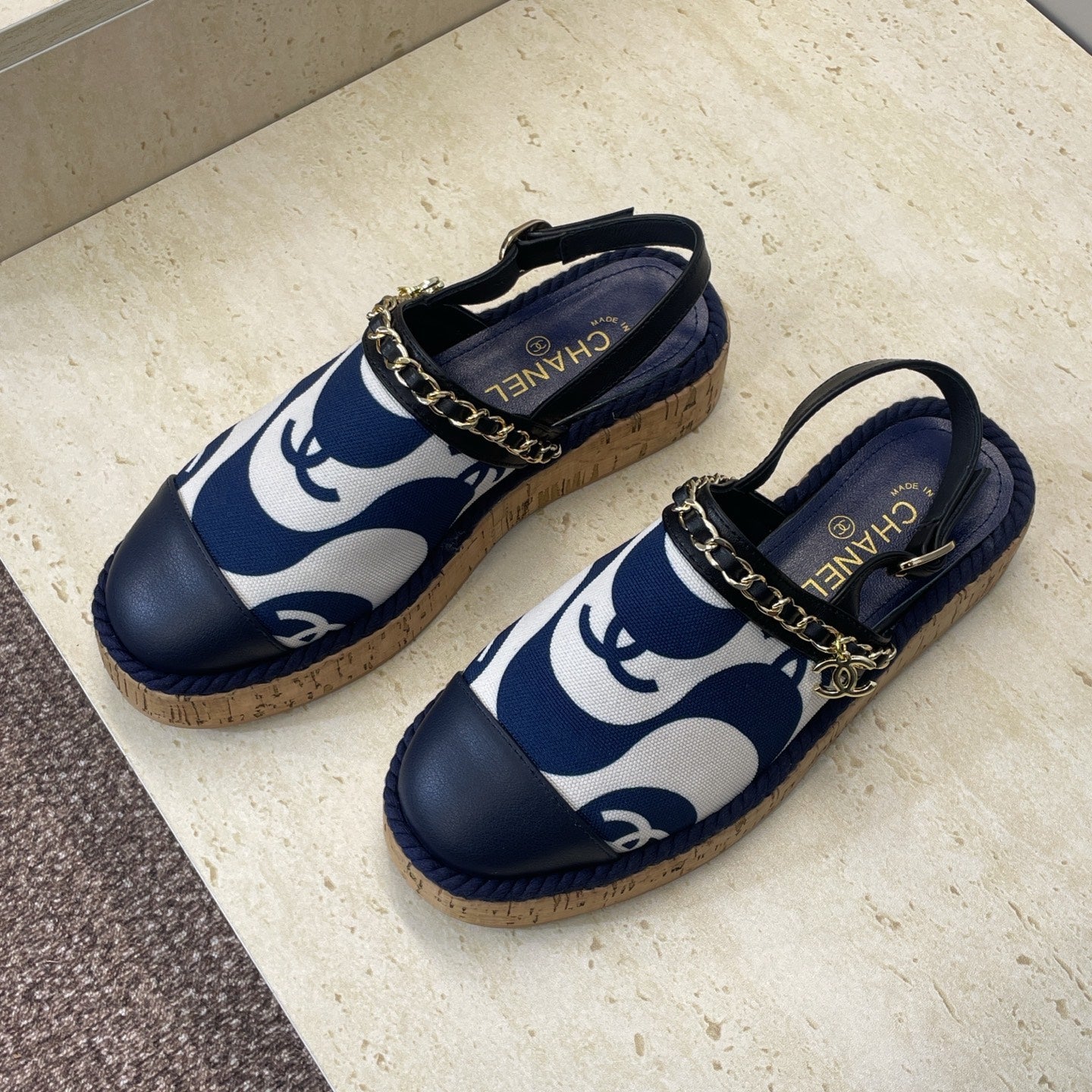 CC 26 Slingback Espadrilles Navy Blue Sheepskin Canvas 607463