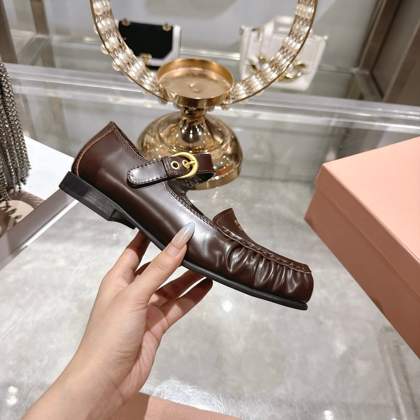 Miu Mary Jane Ballet Flats Brown Calfskin 592044
