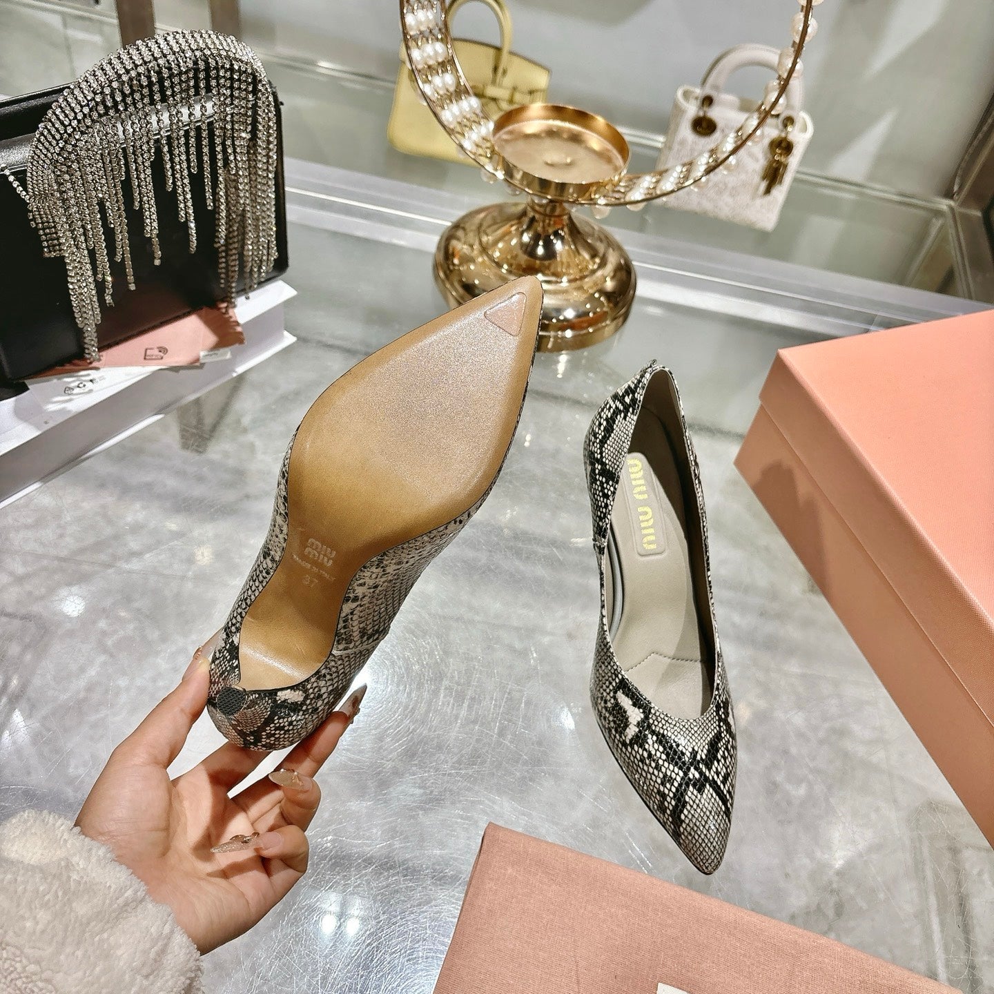 Miu High Heel Pumps Gray Black Snakeskin 592074