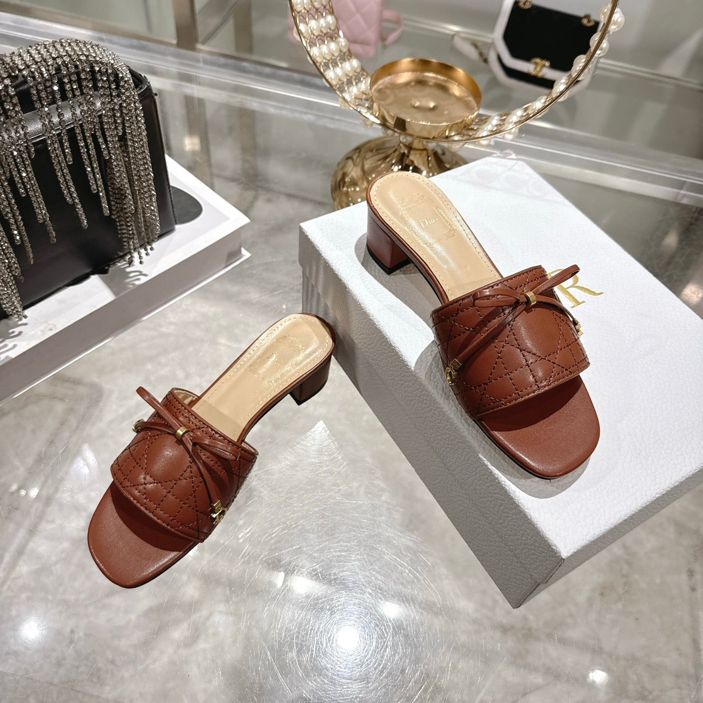 CD 26 Embroidered Slippers Brown Beige  Sheepskin 679667